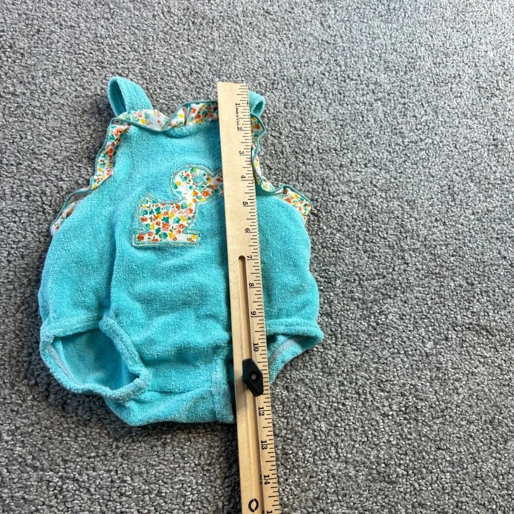 vintage romper bubble infant small 0-3m Teal Terry Cloth Duck Applique 80s‎ USA